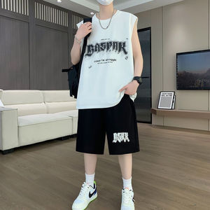 Ensemble 2 pièces été 2024 personnalisé : débardeur sans manches et short 100 % coton délavé effet soleil et usé pour homme - Product Image 3