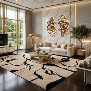 Tapis de luxe en laine abstrait, moderne, tufté à la main, noir et beige, pour salon, chambre à coucher, design contemporain, tapis décoratif - Product Image 6