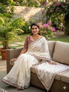 Sari Blanco Premium Bordado con Borde de Diseño |   Sari de fiesta de georgette suave |   Elegante Festival de Bodas Étnicas Indias - Product Image 2