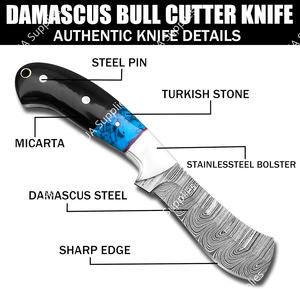 Cuchillo de caza y camping estilo western de acero de Damasco de grado industrial, hoja completa, afilado a rasera, 58 HRC, tipo Bull Cutter, mango de resina, OEM/ODM - Product Image 3