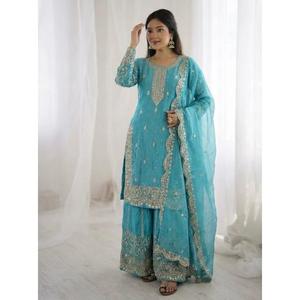 Ensemble haut en soie Fendy de qualité supérieure, palazzo et dupatta, broderie à sequins, manches longues, tenue ethnique, pour mariage et soirée, tenue de créateur - Product Image 1