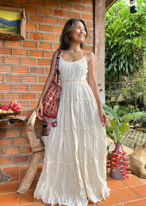 High Quality Custom White Knitted Organic Cotton Long Dress Spaghetti Strap V-neck Smocked Back Tiered Ruffle <b>Boho</b> Beach - Product Image 5