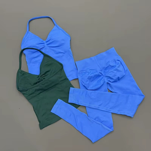Women Yoga Set 2PCS Seamless Yoga Set Halter Crop <b>Top</b> High Waist Leggings Women Gym Fitness <b>Peach</b> Butt Lifting Matching Set - Product Image 3