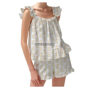 Cotton Hand Block Printed Floral Shorts Pajama Set Ruffle Sleeve Spring/Summer Floral Fitted Strappy Ruffle <b>Trim</b> Sleeves PJ Set - Product Image 6