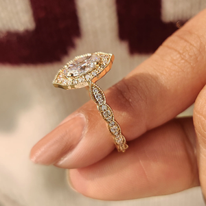แหวนเพชรทรงรีวินเทจสำหรับผู้หญิง ดีไซน์มิลเกรน ทองชุบเคลือบ 10KT 14KT 18KT เพชรเลี้ยงในห้องปฏิบัติการ รับรองโดย IGI สำหรับเจ้าสาว - Product Image 3