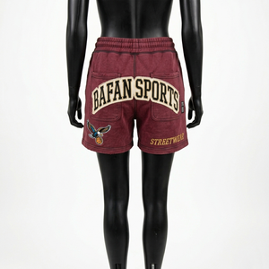 กางเกงขาสั้นผ้าฟลีซคอตตอนคุณภาพสูง 300 GSM สีเบอร์กันดี ลุคสตรีทแวร์ พิมพ์ลายตามสั่ง ปักโลโก้ กางเกงขาสั้นผู้หญิง - Product Image 6