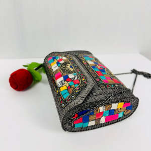 Antique Modern Sculpture Style Handmade Vintage Mosaic for Shell <b>Clutch</b> <b>Purse</b> with Polished Luxury Metal Sling Strap <b>Clutch</b> Bag - Product Image 5