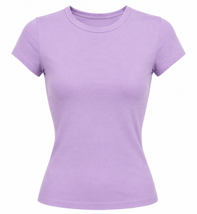 Camiseta de Manga Corta con Cuello Redondo Color Lavanda para Mujer, Corte Ajustado, Color Sólido, Tejido de Punto Informal, para Todas las Temporadas - Product Image 1