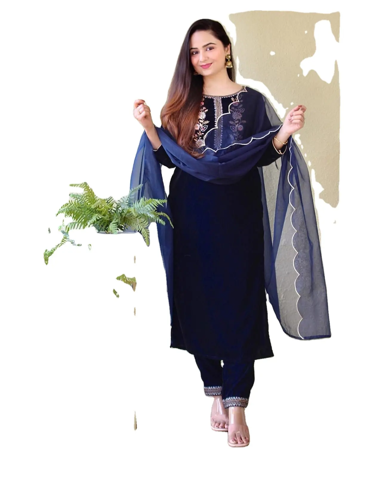 Dgb Exports Navy Blue Velvet Suit Set It is decorated with finest thread embroidery and paired with organza dupatta 2023