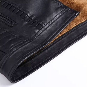 <b>Men's</b> Black PU Leather Moto Jacket Stand Collar Zipper Closure <b>Slim</b> <b>Fit</b> Autumn Wear Regular Sleeve Solid Color - Product Image 4