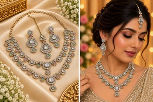 Ensemble collier et boucles d'oreilles en laiton plaqué or Kundan, bijoux de mariage inspirés des perles géométriques pour femmes - Product Image 5