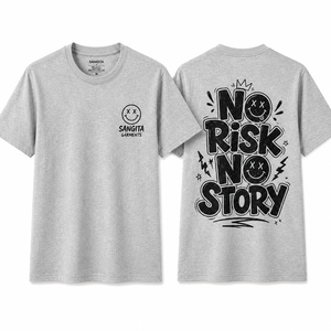 Camiseta de Manga Corta para Hombre Sangita, Gris, de Algodón Terry, Cuello Redondo, Corte Regular, Estampada, Ecológica, Diseño Casual 'No Risk No Story' - Product Image 1