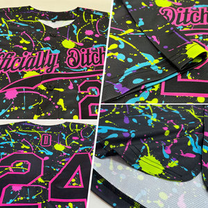 เสื้อเบสบอลลายกราฟฟิตีแบบกำหนดเอง สีดำชมพู ลายสาดสีนีออน 3 มิติ ของแท้ สตรีทแวร์ ทรงโอเวอร์ไซส์ ฮิปฮอป สปอร์ตแวร์ - Product Image 4