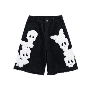High Waisted Black Denim Bermuda <b>Shorts</b> With <b>White</b> Skull Appliques Gothic Style <b>Men's</b> <b>Shorts</b> Button Fly Design - Product Image 1