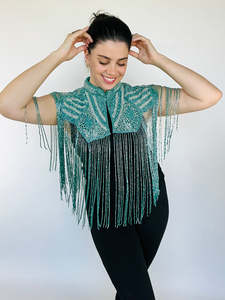 Haut de danse de salon de luxe noir à franges de perles et de paillettes pour spectacles de soirée et costumes de scène - Product Image 3