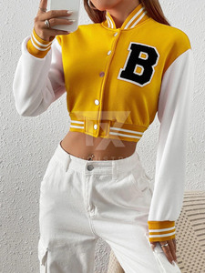 Wholesale Women's Cropped Letterman Jacket Embroidered Varsity Bomber Jacket with Rib Knit Collar and Custom Patches crop jacket - Product Image 6