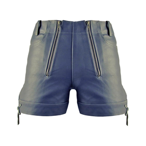Shorts en cuir bleu taille haute pour homme avec fermeture éclair, style moto - Product Image 4