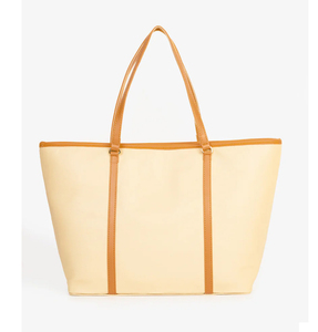 Sac fourre-tout en toile crème avec poignées en cuir marron, design uni portable, écologique, tissé, fournisseur OEM - Product Image 2