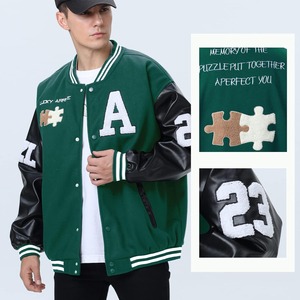 <b>Men's</b> Black Varsity <b>Jacket</b> Embroidered <b>Letter</b> A Patch Design PU Leather Sleeves Preppy Style Autumn Wear - Product Image 6