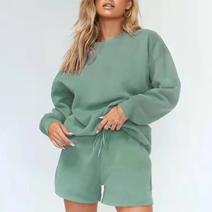 Conjunto Deportivo Verde para Mujer, Sudadera de Manga Larga con Cuello Redondo y Pantalones Cortos con Cordón y Bolsillos Laterales, Corte Holgado Informal para Primavera - Product Image 5