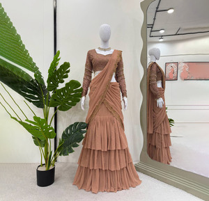 Nuevo Sari de Diseño en Color Rosa y Verde con Estilo de Volantes, Bordado de Georgette con Lentejuelas, Saris Indios para Bodas y Uso Diario - Product Image 1
