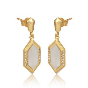 Classic Drop Ethnic Hexagon <b>Earrings</b> with Mother of <b>Pearl</b> and CZ Gemstone in Gold Over <b>Silver</b> for Women - Product Image 2