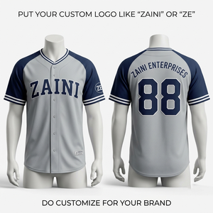 เสื้อเบสบอลผ้าโพลีเอสเตอร์อินเตอร์ล็อคพรีเมียม 180 GSM สีเทากรมท่า แขนเสื้อแบบแร็กแลน พิมพ์ลายแบบซับลิเมชั่นตามสั่ง ป้องกันแบคทีเรีย ระบายอากาศได้ดี - Product Image 1