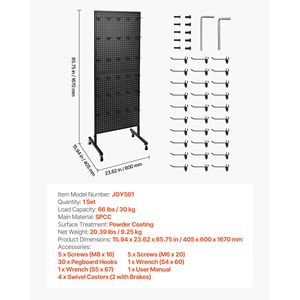 Espositore a Pannello Forato da 23,6 x 63 Pollici con Ruote Girevoli e 30 Ganci, in Acciaio Laminato a Freddo Rinforzato PE - Product Image 3