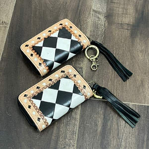 Exclusif 2025 Design à carreaux Portefeuille à fermeture éclair avec porte-clés en cuir usiné Porte-monnaie Mini sac mignon avec pochette à pompon pour femme - Product Image 4