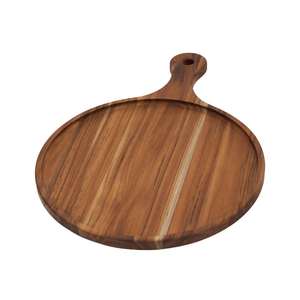 Planche à découper ronde en teck avec poignée pour pizza, pain, fromage, fabriquée en usine au Vietnam - Product Image 1