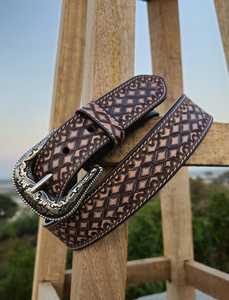 LEATHERCART Classic Diamond <b>Tooled</b> Genuine <b>Leather</b> Belt Rustic Western Buckle Premium Cowboy Finish Waterproof Durable - Product Image 1