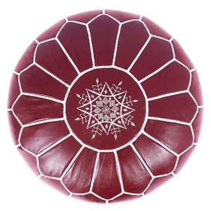 Burgundy Moroccan Leather Adjustable Handmade Pouf Ottoman with Modern Embroidery <b>Round</b> Floor <b>Cushion</b> for Hotel Use - Product Image 2