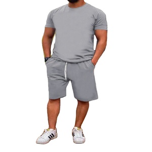 New Men's Solid Plus Size Breathable Waffle Neck Polyester/Cotton Two Piece Summer Shirt Short Gym Fitness <b>Sets</b> High Street - Product Image 2