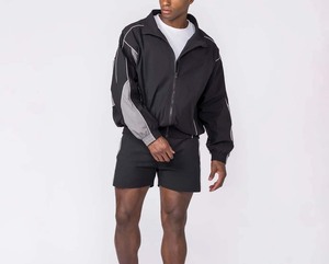 Men's Black Sporty <b>Track</b> <b>Jacket</b> With White Trim Stand Collar Zipper Front Breathable Polyester Outer Wear Set - Product Image 1