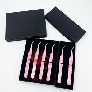 Pinces à cils en acier inoxydable, boîte de 4 pièces, emballage professionnel, pinces à cils légères pour extensions de cils, marque privée - Product Image 6