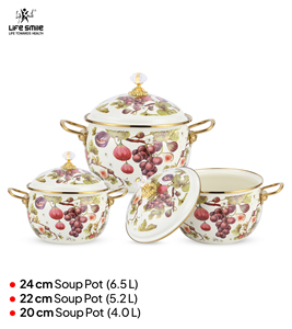 Premium Enamel Soup Pot <b>Set</b> with Dome Enamel Lids, Elegant Gold Handles & Floral Design - Product Image 2
