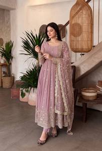 Elegant Pink Organza Anarkali Dress With Gold Embroidery Full Sleeve A-Line Maxi Gown Square Neck Sheer Layer Design - Product Image 1
