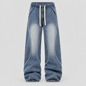 Jeans coupe droite pour homme avec franges latérales, denim épais délavé vintage, style streetwear, vente en gros - Product Image 5