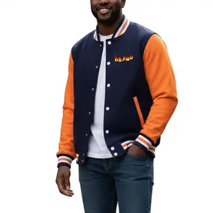Men's Navy <b>Orange</b> Varsity Jacket <b>Fleece</b> Lined Casual Bomber Coat Stand Collar Regular Fit Autumn Wear Embroidery - Product Image 2