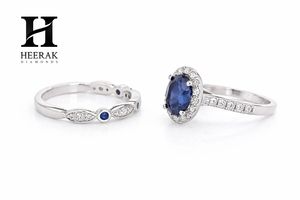 Anillo de Zafiro Azul Real con Corte Ovalado Vintage, Banda con Racimo de Piedras Preciosas Alternadas, Oro de 10K/14K, Joyería Personalizada - Product Image 5