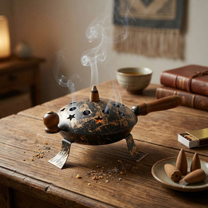 Decorative Black Gold Metal Incense Burner Wooden Long Handle Star Cutout Cover <b>Charcoal</b> Resin Bakhoor Holder Manufacturer - Product Image 1