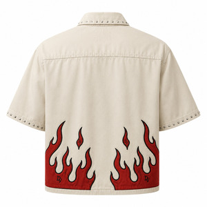 Custom <b>Flame</b> Applique Y2K Varsity <b>Shirt</b> Oversized Boxy Button-Up Studded Collar Puff Embroidery Zipper Placket Streetwear Men - Product Image 4