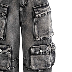 Jean cargo taille haute pour homme en denim coupe ample délavé style urbain automne - Product Image 3