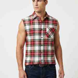 Camisa de Franela a Cuadros sin Mangas para Hombre, Estilo Casual, con Botones, Cuello Clásico, Transpirable, de Algodón, en Rojo, Blanco y Negro, para Otoño - Product Image 4