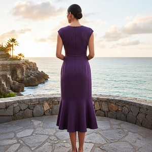 Robe mi-mollet en lin à manches courtes, taille ajustée, ourlet sirène, fermeture éclair au dos, robe élégante et minimaliste, grandes tailles pour femmes - Product Image 2