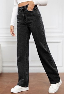 Jeans de mezclilla rectos para mujer, personalizados al por mayor, de cintura media, transpirables, con parches de puntos y lavado claro/oscuro - Product Image 6