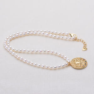 Collier de perles d'eau douce naturelles de 3-4 mm, brillant et impeccable, en forme de mètre, œil d'ange avec pendentif lys blanc, accessoire de mode - Product Image 2