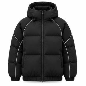 Veste d'hiver à capuche pour homme, rembourrage épais en polyester, fermeture éclair coupe-vent, style décontracté, noir uni - Product Image 1