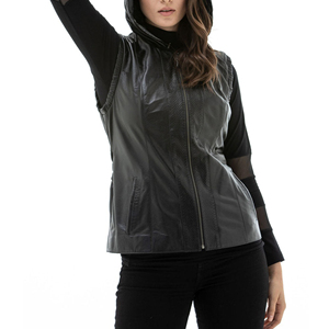 Women's <b>Black</b> Motorcycle Leather <b>Vest</b> Genuine Cowhide Biker Style Factory Price Wholesale OEM Supplier - Product Image 4