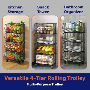 Four Tier <b>Wire</b> Storage <b>Rack</b> With Wheels For Kitchen Food Organization Modern Standing Type Non Folding Metal Basket - Product Image 4